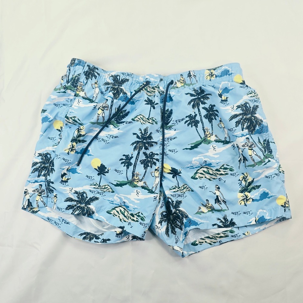 H&M Men's Tropical Hawaiian Print Swim Trunks XL Blue Palm Tree Beach Shorts